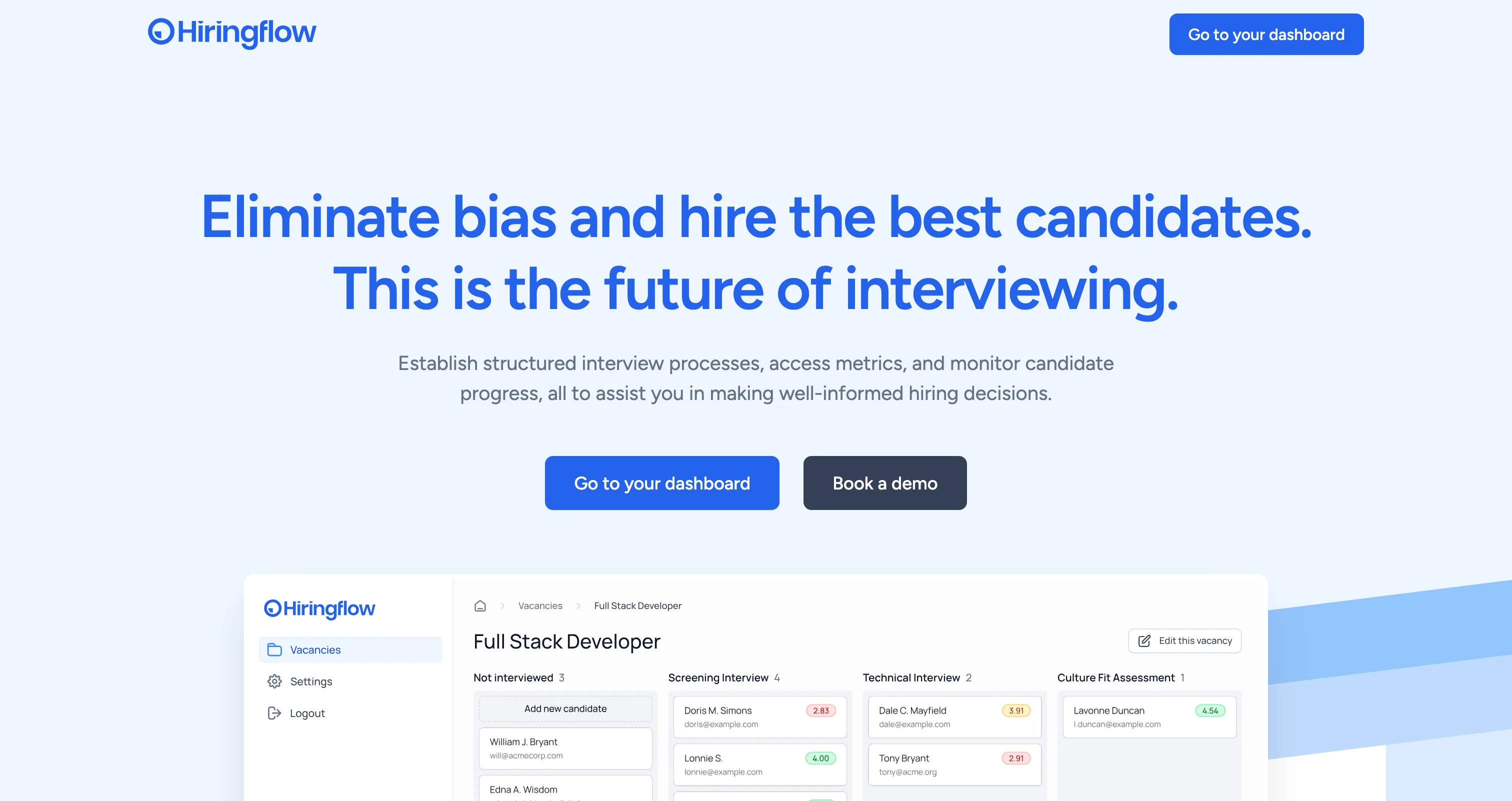 Hiringflow homepage showing a structured interview platform