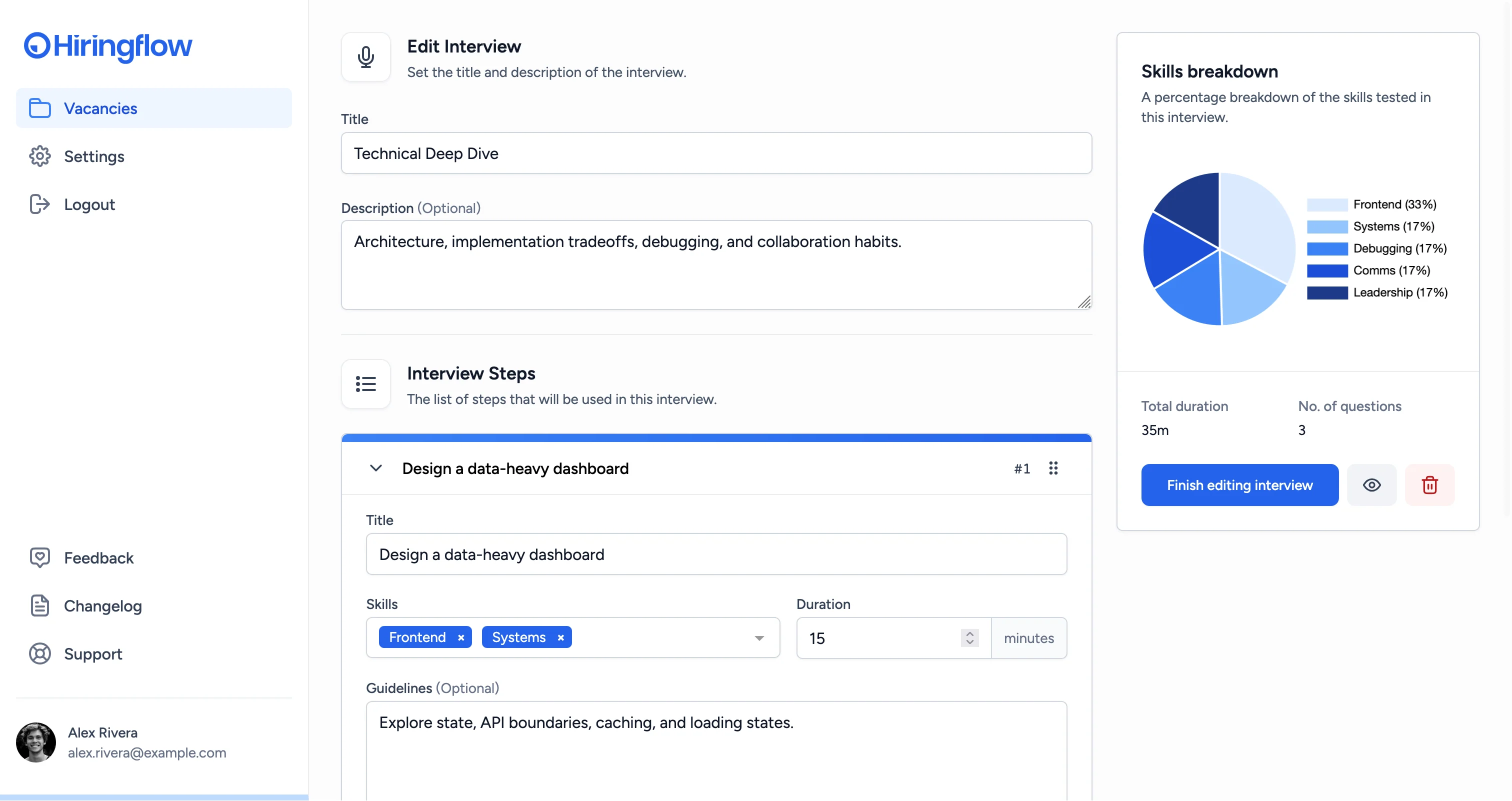 Hiringflow process builder interface for configuring interview steps and skills