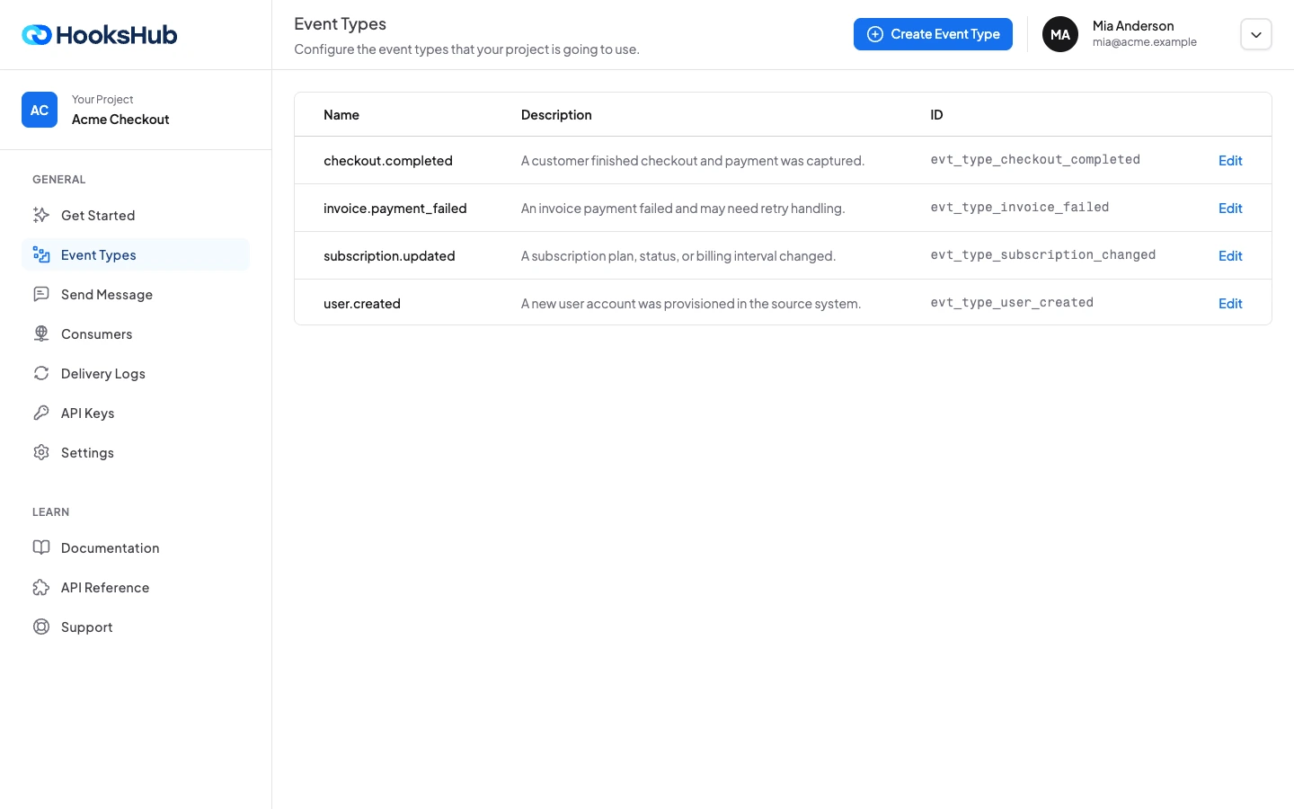 Hookshub dashboard for configuring webhook event types